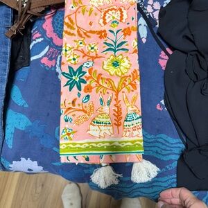Floral Bunny Print dishtowel with white Tassels